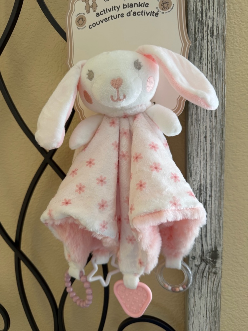 Soft Pink Bunny Activity Blankie Plush - Cute Comfort Toy